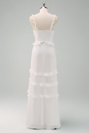 Vestido de fiesta largo sirena con tirantes finos blancos y volantes